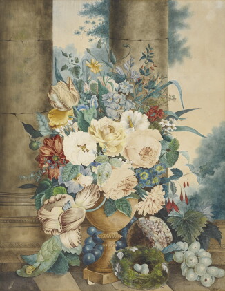 Catalog image of dutch school, early 19th century | flowers in an urn beside fruit and insects