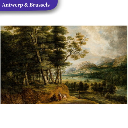 Catalog image of Extensive wooded landscape, drovers with their cattle in the foreground
