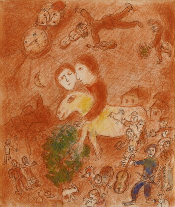 Catalog image of Couple avec âne sur fond orangé
