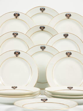 View 1 of Lot 217: Forty-three Porcelain Dinner Plates from the Alexander III Coronation Service, Imperial Porcelain Factory, St Petersburg, period of Alexander III, 1881, and Nicholas II (1896-1913)