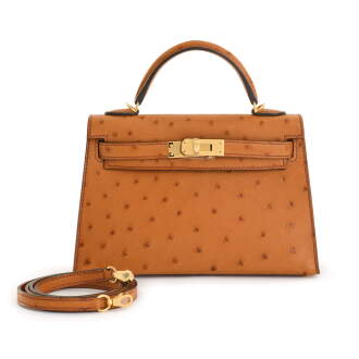 View 1 of Lot 46: Cognac Ostrich Mini Kelly 20 Gold Hardware, 2021