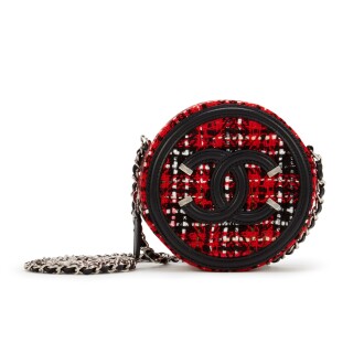 View 1 of Lot 14: Red, White, and Black Tweed and Lambskin Filigree Round Clutch with Chain Silver Hardware, 2020