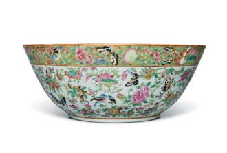 View 1 of Lot 1210: Large Canton 'Rose Medallion' Punch Bowl Qing Dynasty, Second Half of 19th Century | 清十九世紀後半 廣彩花鳥紋大盌