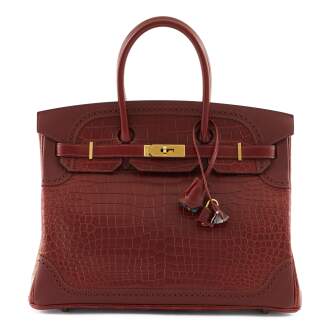 View 1 of Lot 8: Burgundy and Rouge H Porosus Crocodile and Swift Ghillies Birkin 35 Gold Hardware,  2015