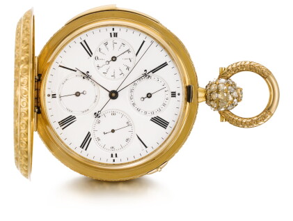 Catalog image of a large and heavy gold triple calendar two train pivoted detent pocket chronome…