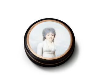View 1 of Lot 44: A French box with two miniatures on ivory, one representing Madam JBC Odiot, Augustin Dubourg, the other Zénaïde Odiot, daughter of JBC Odiot, Jean-Baptiste Isabey, Paris, circa 1820 | Boîte à double miniature sur ivoire représentant l'une Madame JBC Odiot, par Augustin Dubourg, l'autre Zénaïde Odiot, fille de JBC Odiot, par Jean-Baptiste Isabey, Paris, vers 1820