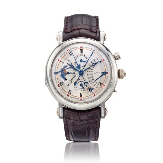 View 1 of Lot 93: An early, rare, and possibly unique platinum minute repeating, perpetual calendar, split seconds chronograph wristwatch, moon phases and equation of time, Circa 1992   罕有早期鉑金三問萬年曆追針計時大小自鳴腕錶備月相及時間等式顯示，約1992年製，可能為孤品