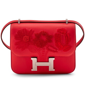View 1 of Lot 31: Limited Edition Rouge de Coeur Swift Embroidered Dancing Flowers Mini Constance 18 Palladium Hardware, 2025