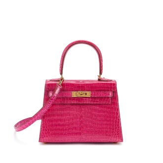 View 1 of Lot 143: Rose Bonbon Shiny Porosus Crocodile Mini Kelly 20 I Gold Hardware, 1997