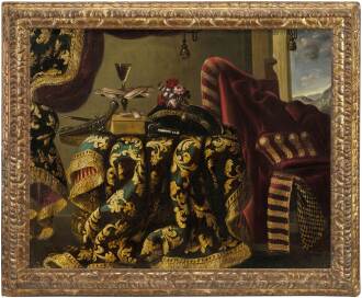 View 1 of Lot 226: Still life with a sword, a pistol, flowers and other paraphernalia, displayed atop an embroidered carpet