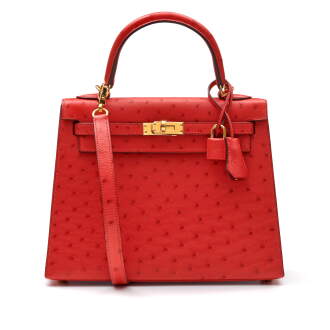 View 1 of Lot 307: Bougainvillier Sellier Kelly 25cm in Ostrich Leather with Gold Hardware, 2018